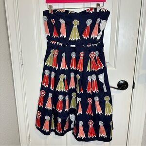 WE LOVE VERA Blue Award Highest Accolades Print Strapless Dress Sz 10 Equestrian